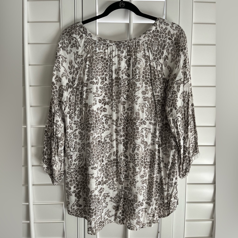 SONOMA Brown & Cream Floral Print V-Neck 3/4 Sleeve Blouse Size XL - Picture 2 of 5